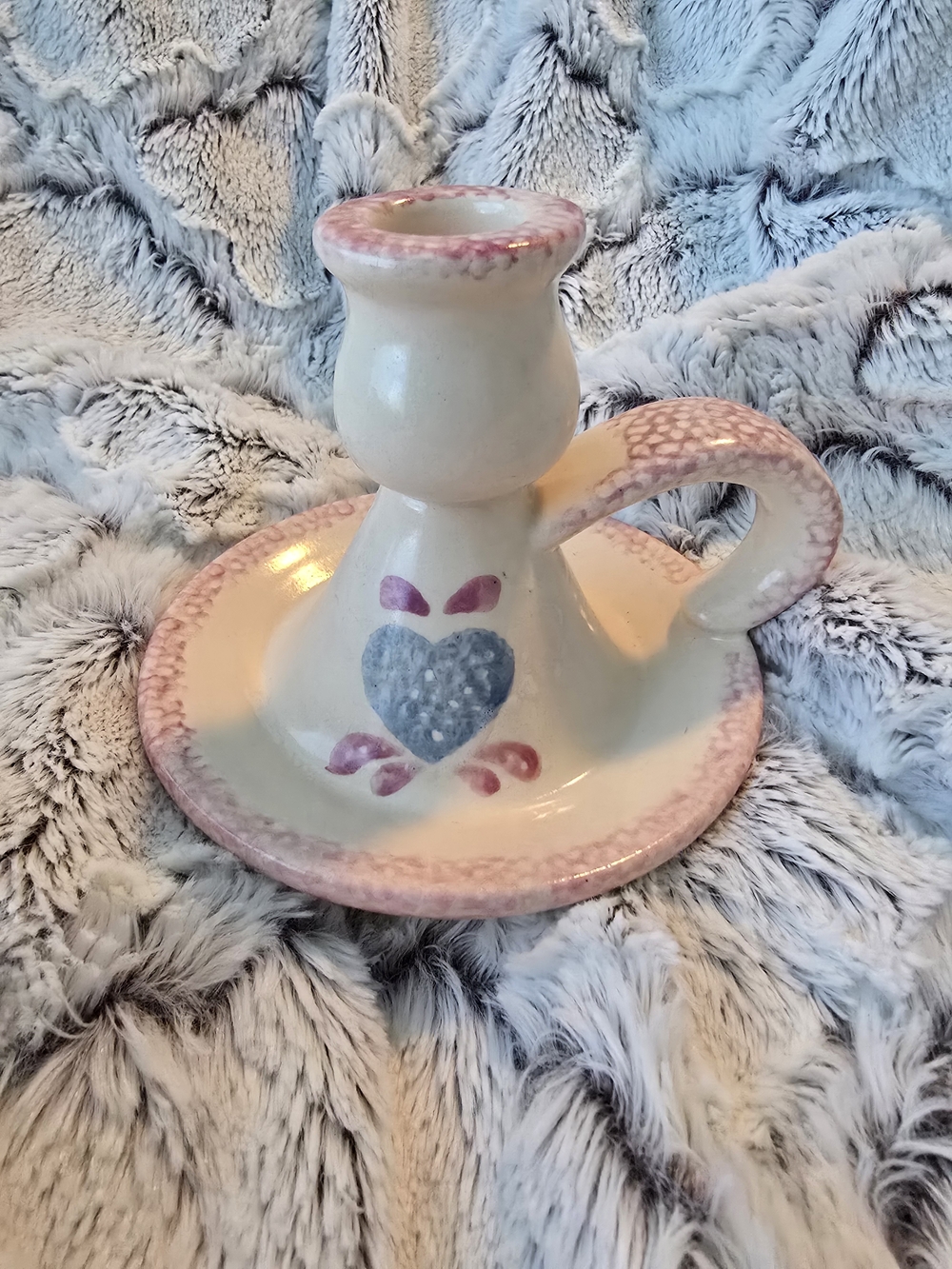Vintage Hand-Painted Ceramic Chamberstick with Heart Pink & Blue Cottagecore EUC